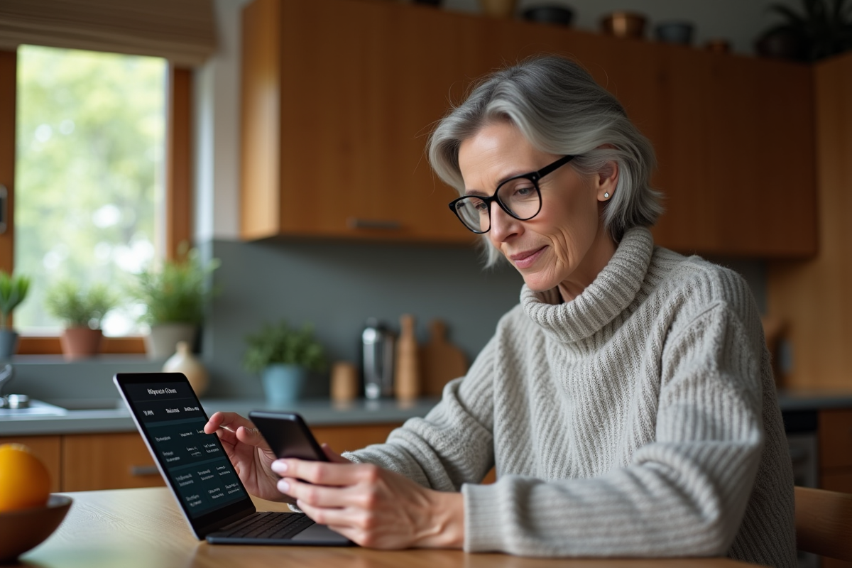 Femme dans sa cuisine consulte VPN sur smartphone et tablette