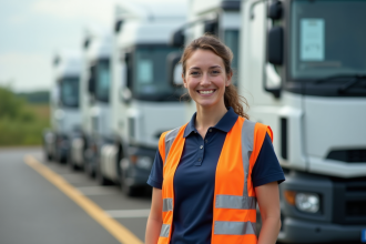 Femme souriante avec gilet réfléchissant à côté d'un camion moderne