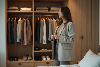 Femme en devant un vestiaire en sélectionnant un blazer neutre