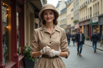 Femme en robe années 30 ajustant ses gants dans Paris