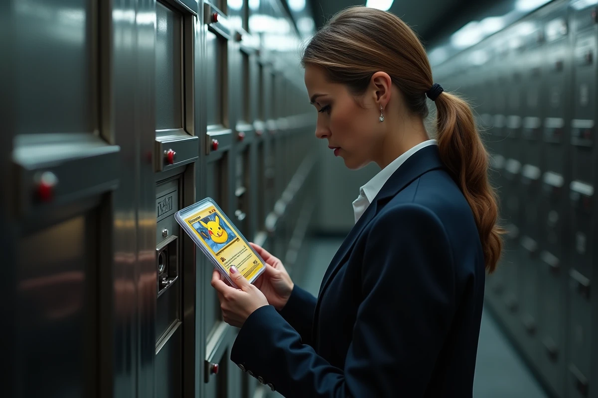 Femme en costume dépose une carte Pokémon dans un coffre