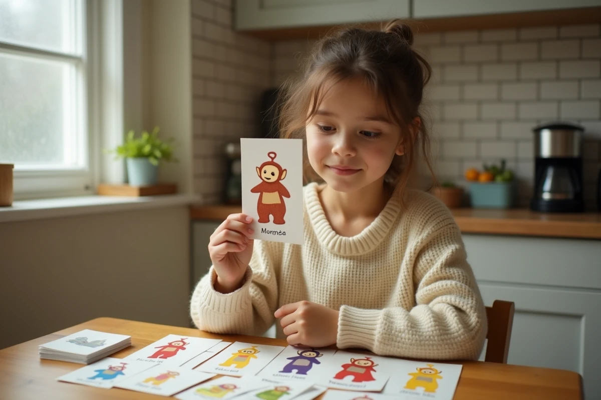 Jeune femme étudiant des fiches mémoire illustrées des noms de Télétubbies