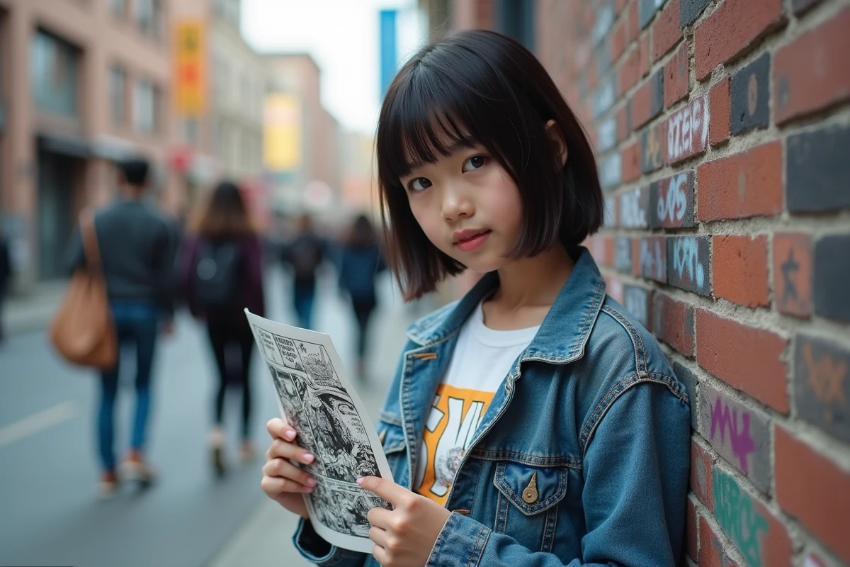 Fille adolescente tenant un manga imprimé devant un mur graffiti