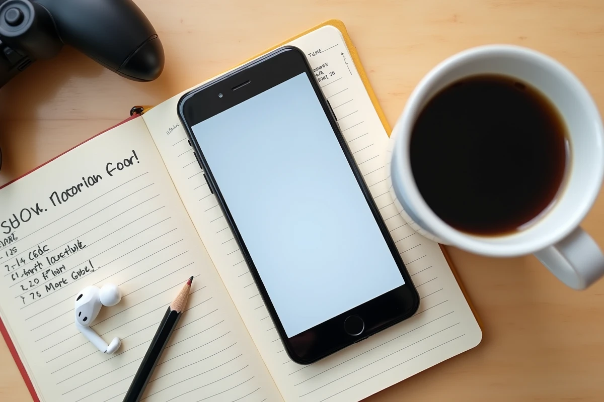 Vue en plongée d'un smartphone avec codes coupons 7DS posé sur un bureau avec carnet de notes