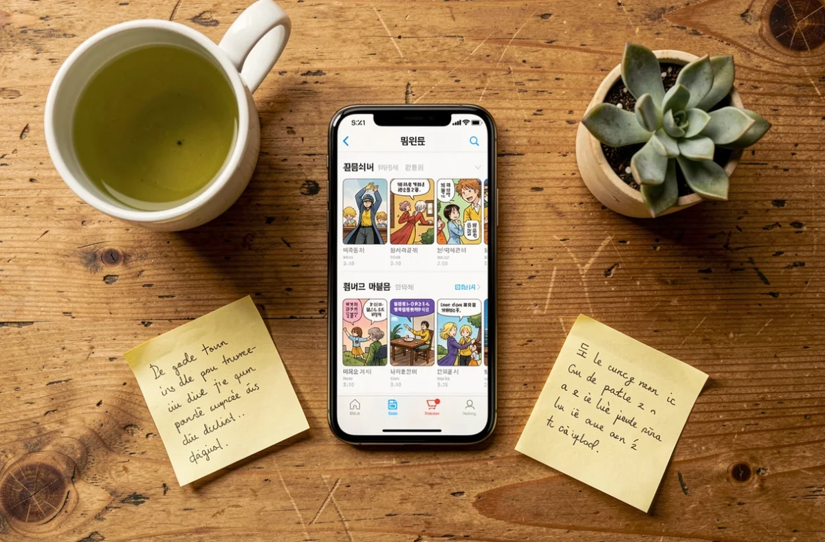 Vue aérienne d'un smartphone affichant des résultats de recherche webtoon entouré de notes manuscrites en français et d'une tasse de thé