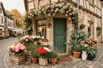 Devanture colorée d'une boutique de fleuriste typique dans le Doubs, avec des compositions florales variées sur un trottoir en pavés