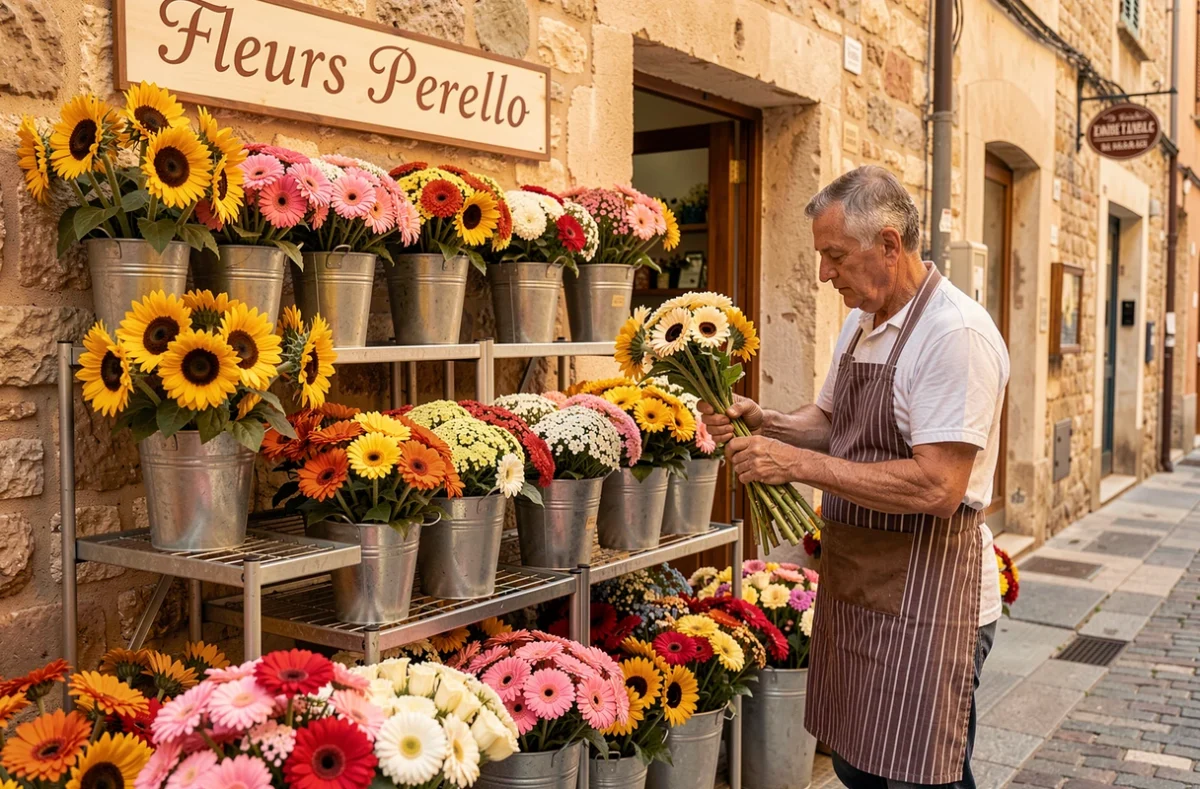 Étal extérieur coloré de Fleurs Perello avec des tournesols et gerberas, et le fleuriste vérifiant ses compositions