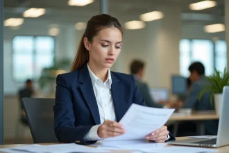 Jeune fonctionnaire catégorie C à son bureau dans un office administratif, consultant des documents de recrutement dans la fonction publique