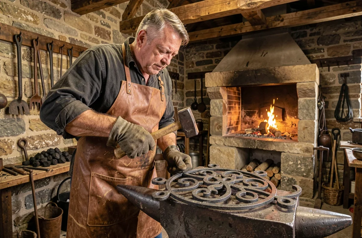 Forgeron de La Forge des Blaches travaillant une pièce en fer forgé dans un atelier traditionnel de la Drôme