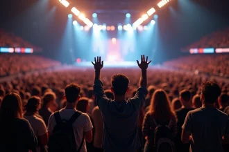 Foule en fosse lors d'un grand concert à Bercy, bras levés vers la scène avec écran LED en arrière-plan