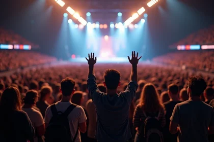 Foule en fosse lors d'un grand concert à Bercy, bras levés vers la scène avec écran LED en arrière-plan