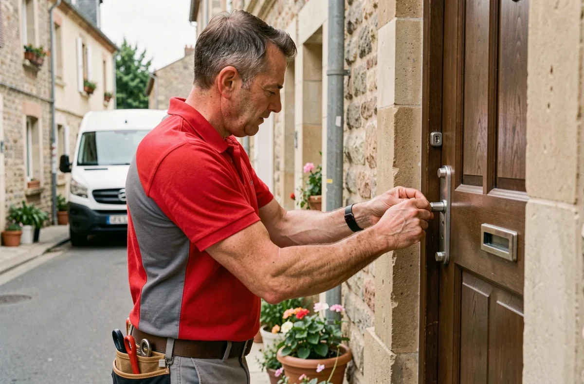 Fred Serrurier remplaçant un verrou sur une porte d'entrée dans une commune de la Drôme