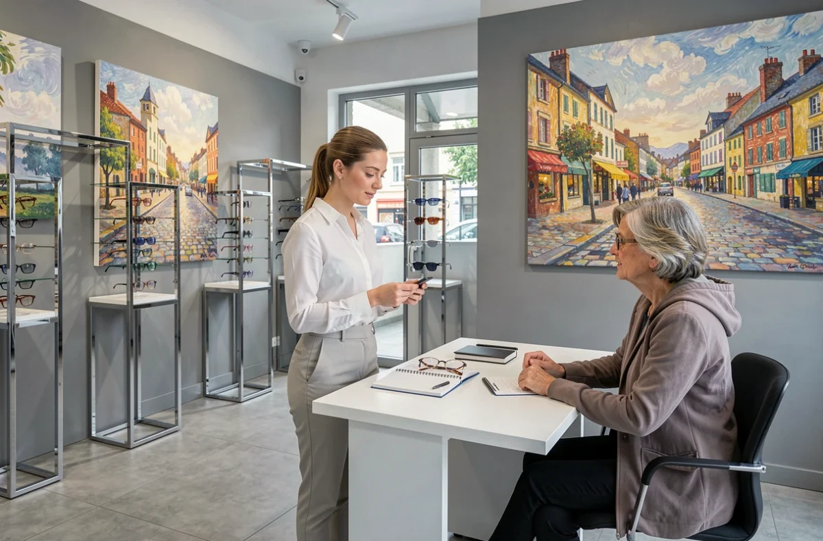 Boutique FRESNEL OPTIQUE à Argenteuil avec une opticienne en blouse blanche conseillant une cliente dans un cadre urbain moderne