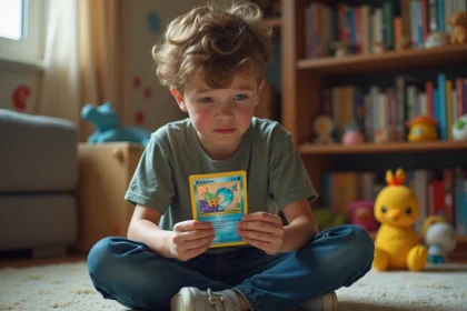 Jeune garçon examine un carte Pokémon holographique