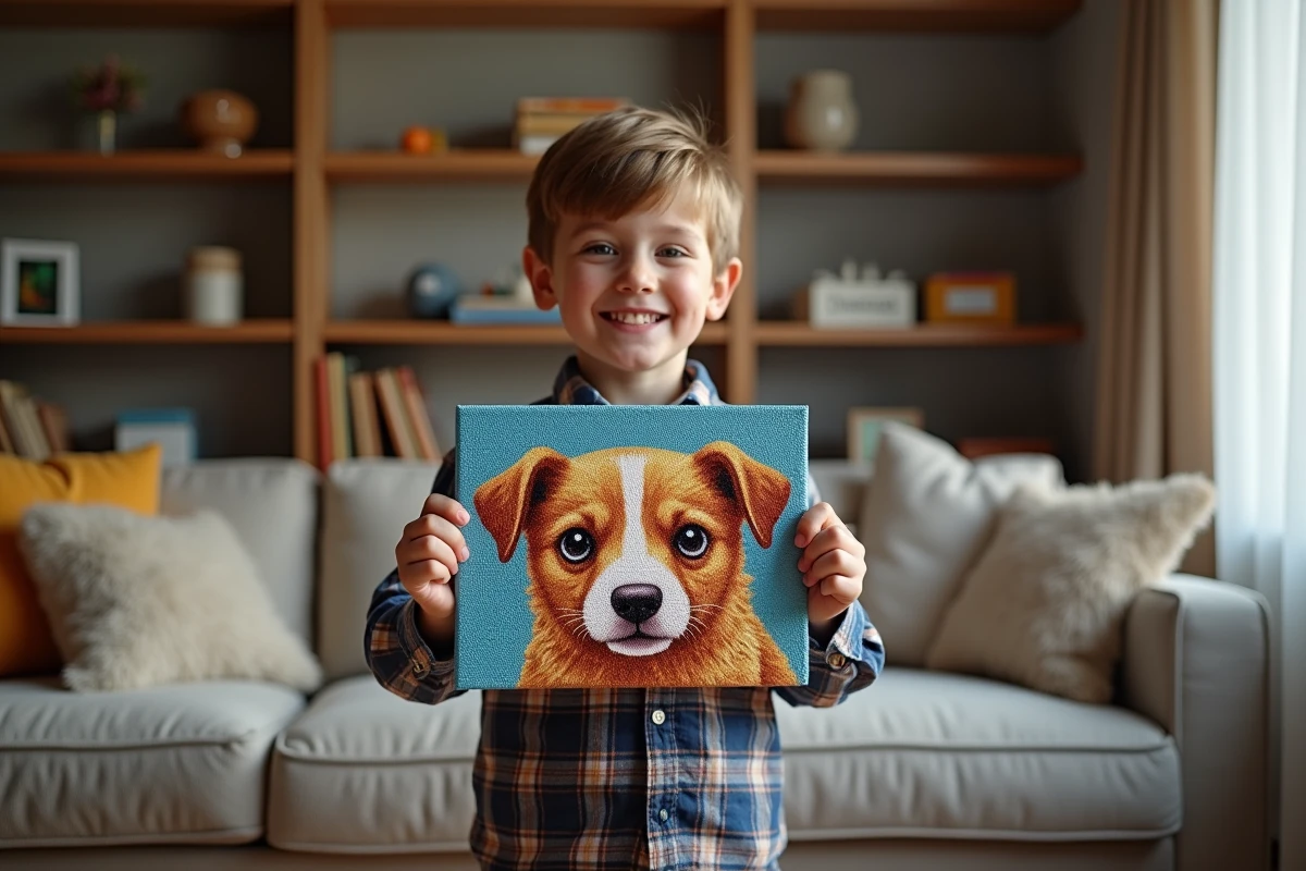 Jeune garçon fiere montrant sa peinture de diamants terminée