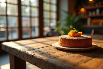 Gâteau basque traditionnel sur une table en bois dans un café lumineux