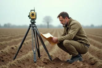 Géomètre professionnel mesurant une parcelle agricole de grande surface en milieu rural