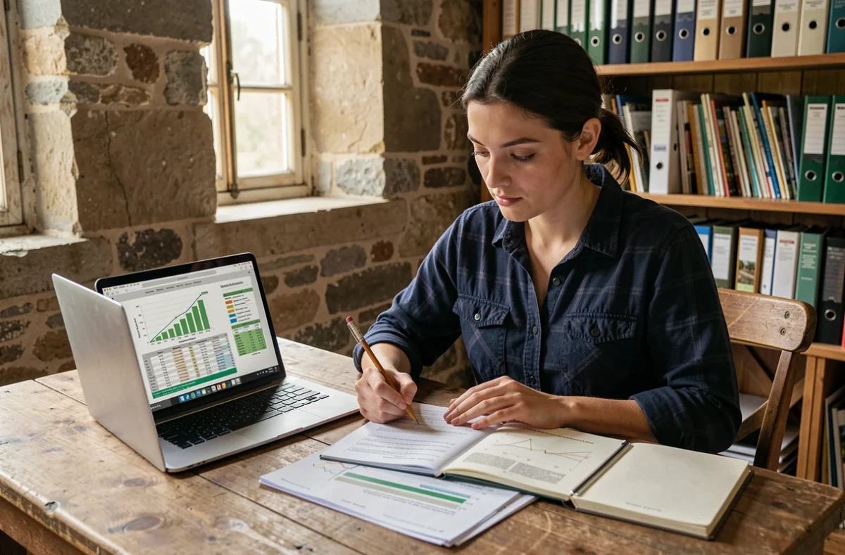 Jeune agricultrice française analysant la gestion financière d'une exploitation sur ordinateur, scène de planification de carrière agricole