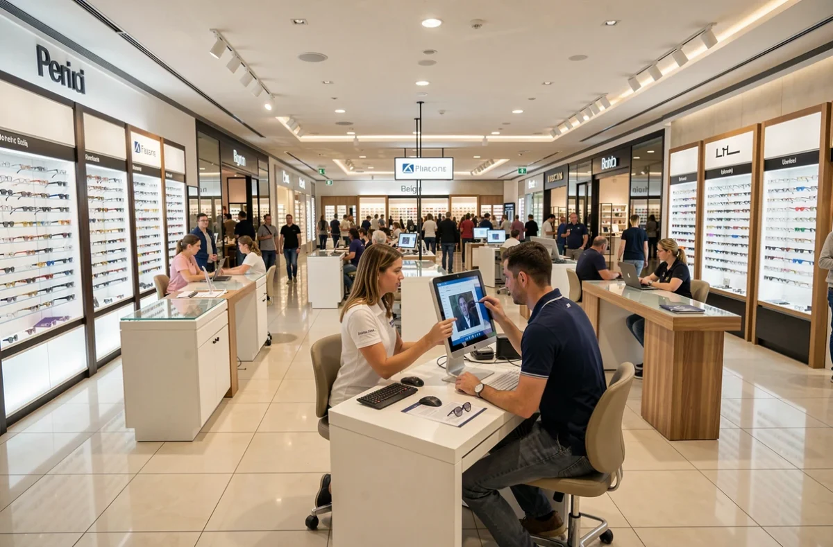 Grand magasin GrandOptical dans le centre commercial Les 3 Fontaines à Cergy avec opticienne utilisant un écran d'essayage numérique