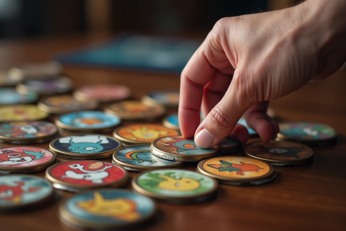 Gros plan d'une main ramassant un jeton Pokémon Ripraz sur une table en bois sombre