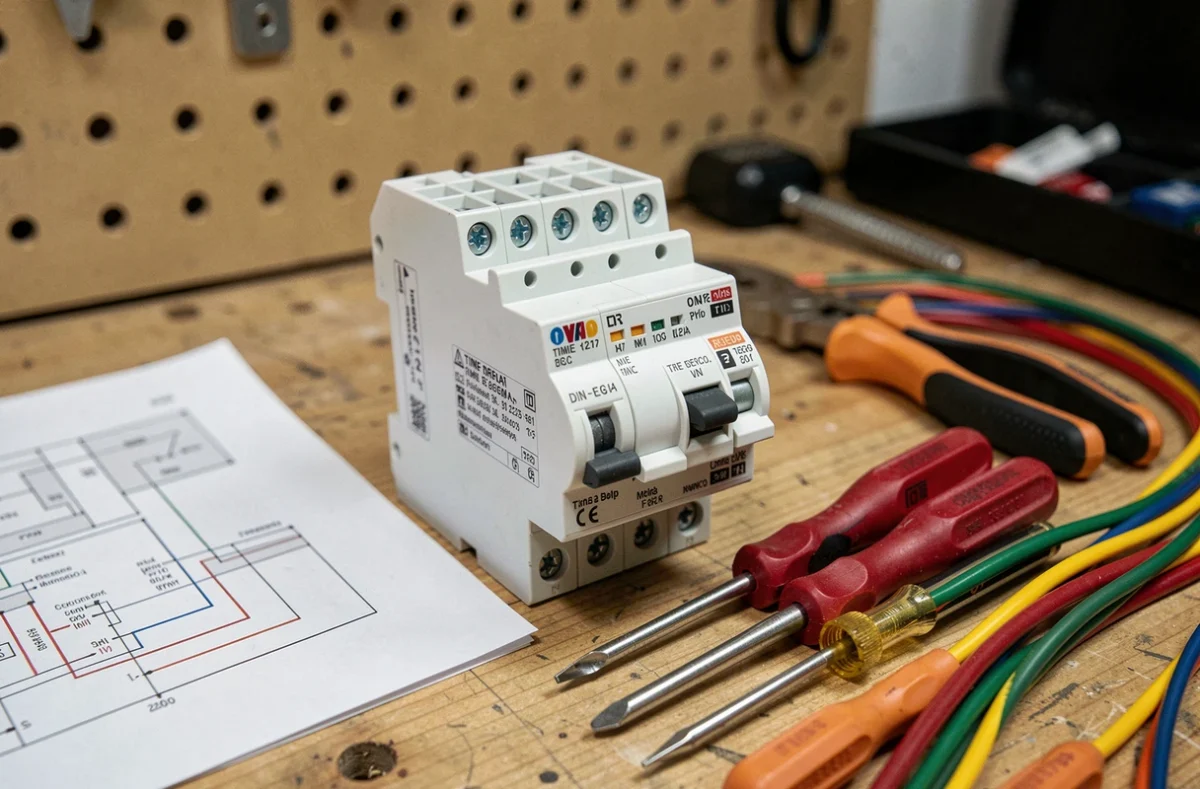 Gros plan sur un relais temporisé avec outils et schéma de câblage sur un établi