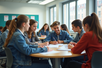 Groupe d'adolescents en classe collaborative et inclusive