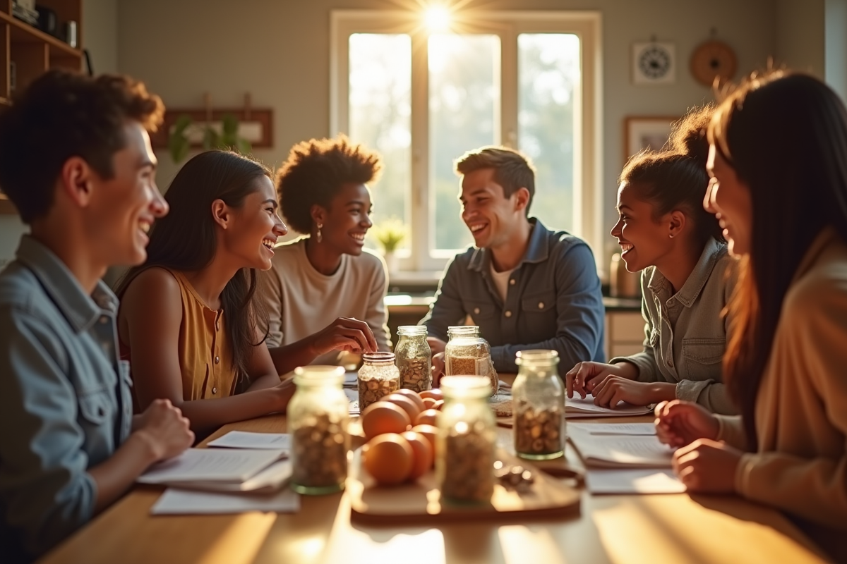 Groupe d amis partageant un repas fait maison dans une cuisine chaleureuse