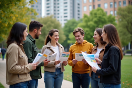 Groupe de personnes discutant dans un parc urbain