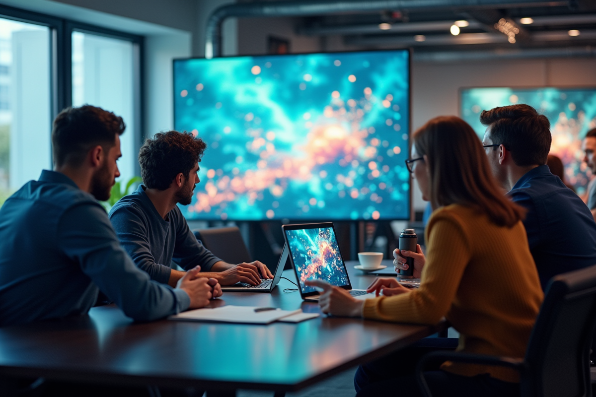 Groupe de personnes regardant un écran digital dans un bureau lumineux