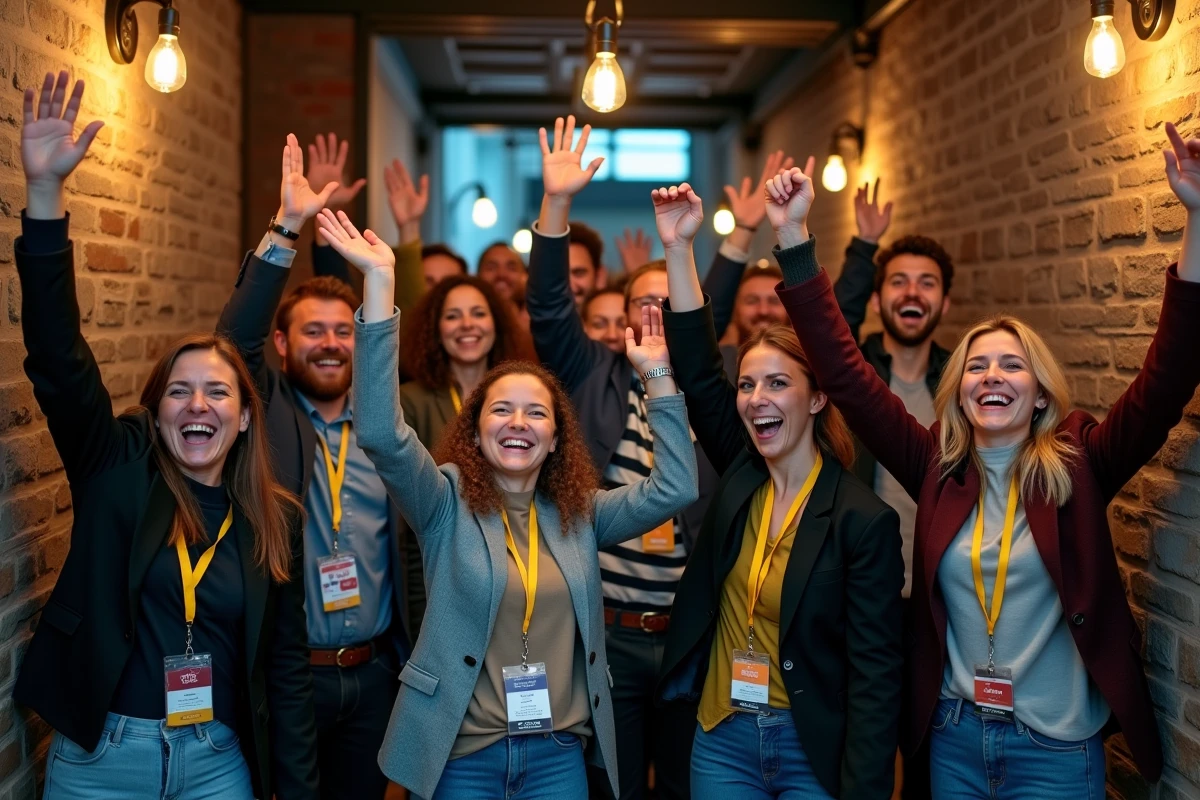 Groupe de salariés célébrant leur succès à la sortie d'un escape game à Lyon après une activité team building réussie