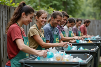 Groupe de jeunes et d'adultes triant des recyclables en extérieur