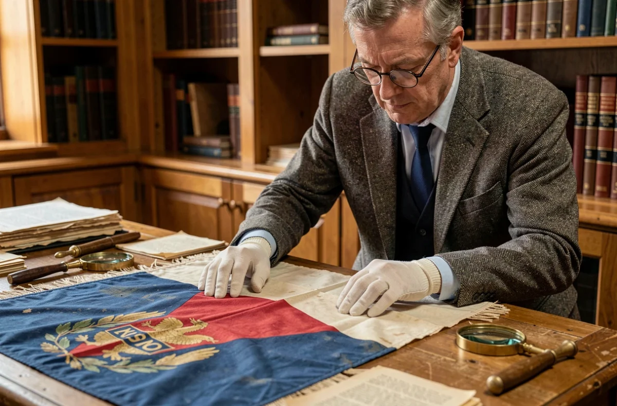 Historien examinant un ancien drapeau bleu et rouge dans une salle d'archives patrimoniale