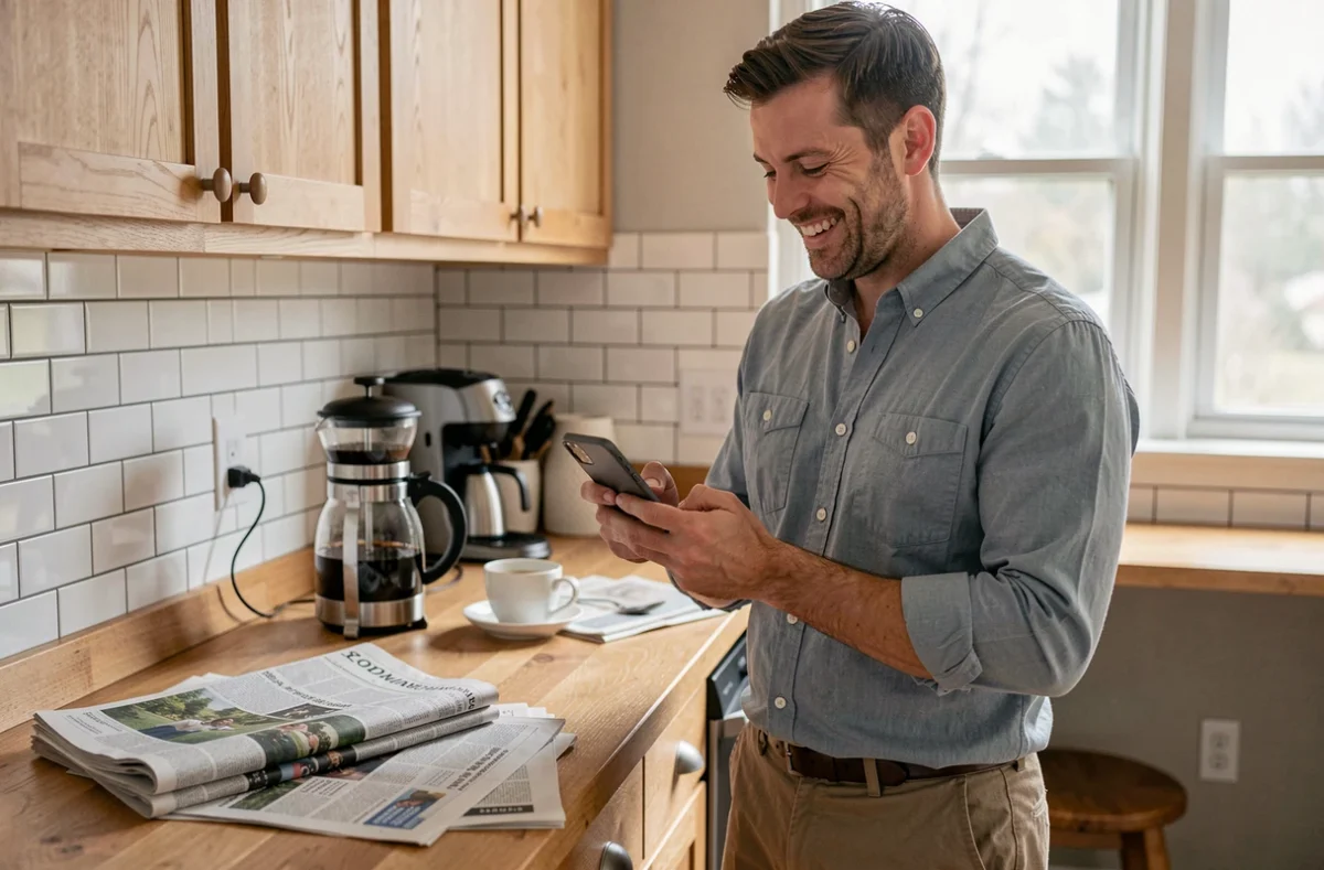 Homme souriant en consultant un site d'actualités humoristiques sur son smartphone dans une cuisine moderne, évoquant la lecture de Koi de neuf