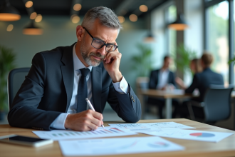 Homme d'affaires en costume examine des graphiques financiers