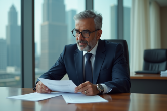 Homme d affaires sud-asiatique en costume navy dans un bureau moderne