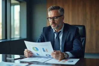 Homme d'affaires en costume regardant des rapports financiers