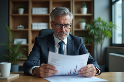 Homme d'affaires lisant un rapport financier dans un bureau