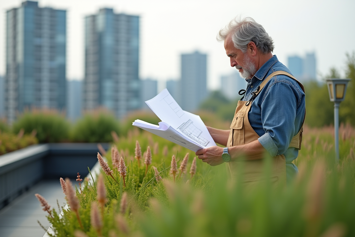 Homme en overalls regardant des plans sur un toit végétal