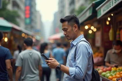 Homme asiatique en tenue décontractée dans un marché urbain