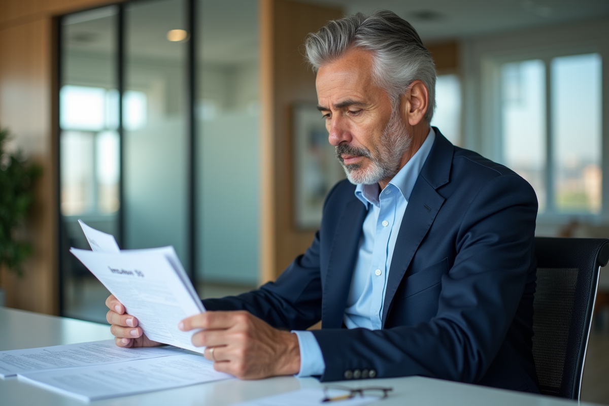 Homme d affaires en bureau examinant des documents d assurance Piwi 50