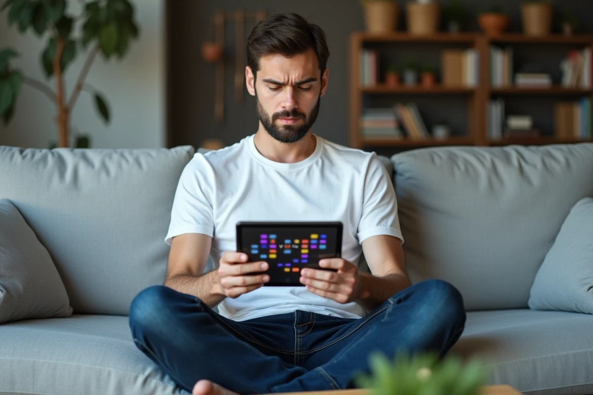 Jeune homme perplexe face à un mot de passe bloqué sur une application de jeu de mots sur tablette dans un salon moderne