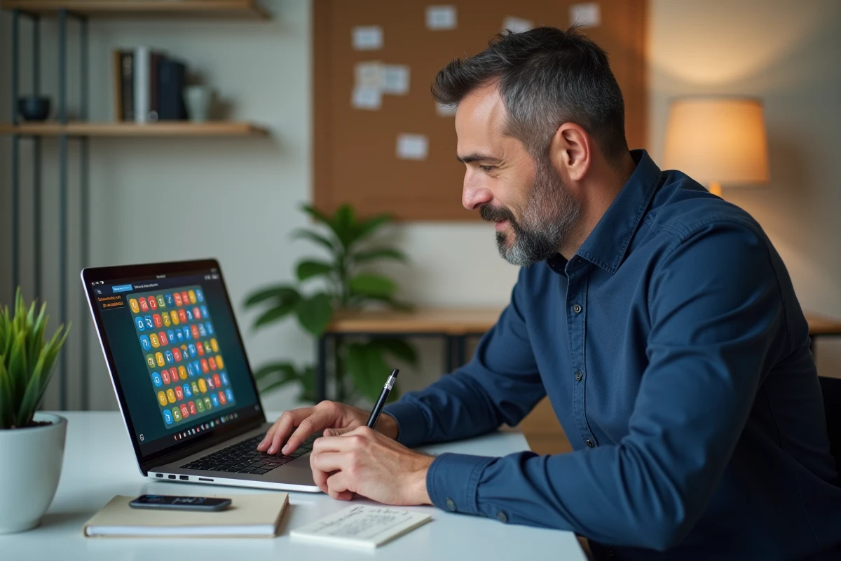 Homme consultant un mot de passe pour avancer dans un jeu Codycross sur ordinateur portable dans un bureau à domicile