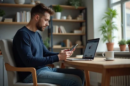 Homme concentré utilisant ordinateur et smartphone dans un bureau moderne
