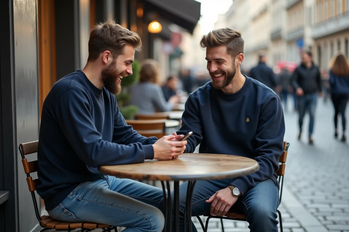 Jeune homme riant avec un ami au café en ville