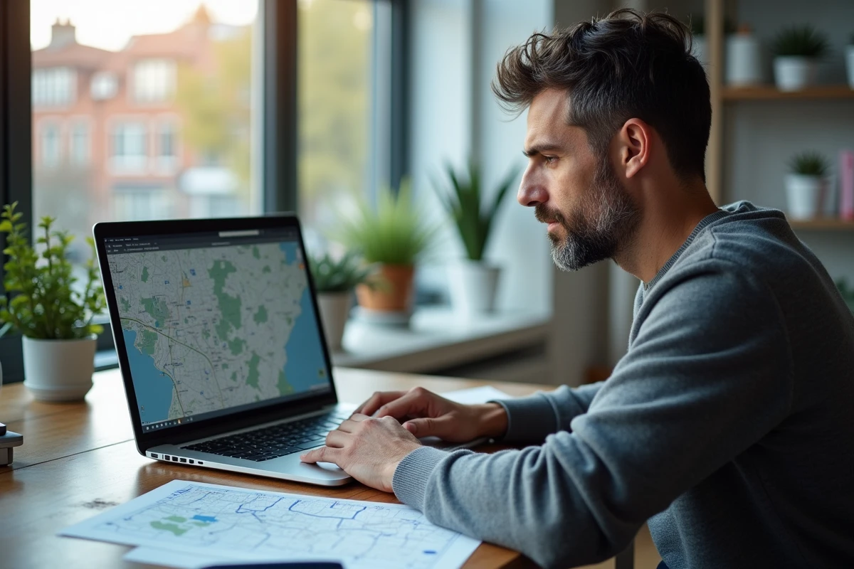 Homme travaillant sur une carte numérique et imprimée de Toulouse en haute résolution sur un bureau moderne