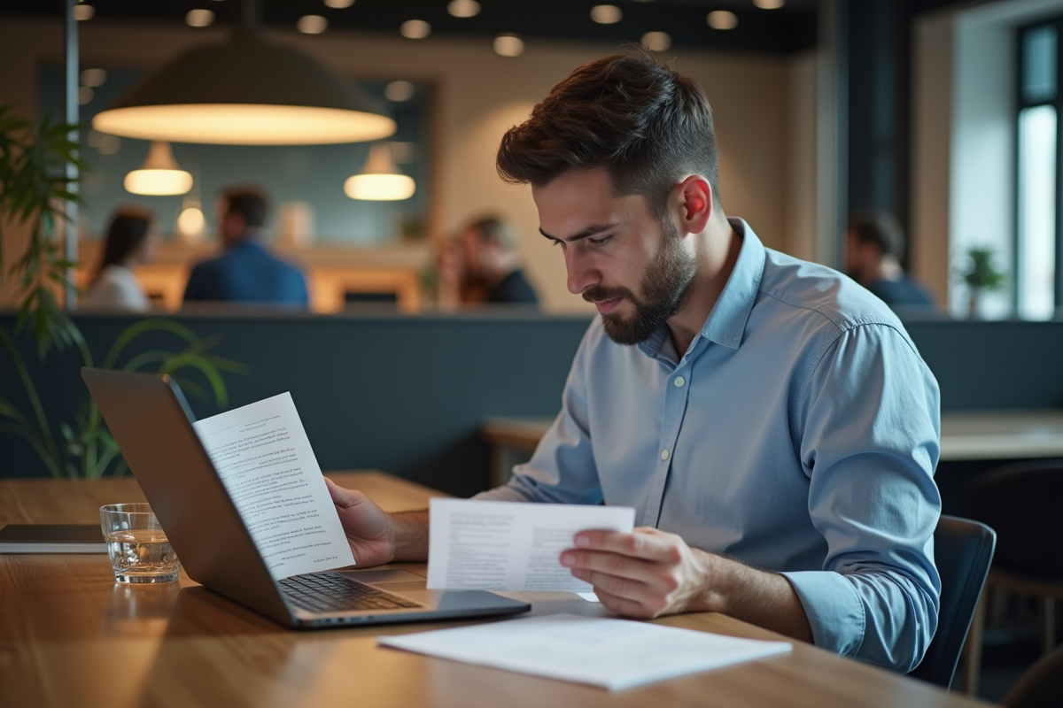 Homme lisant un document imprimé dans un espace de coworking moderne