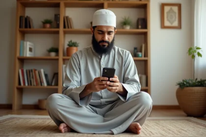 Homme en djellaba consultant les horaires de prière sur smartphone à Mantes-la-Jolie