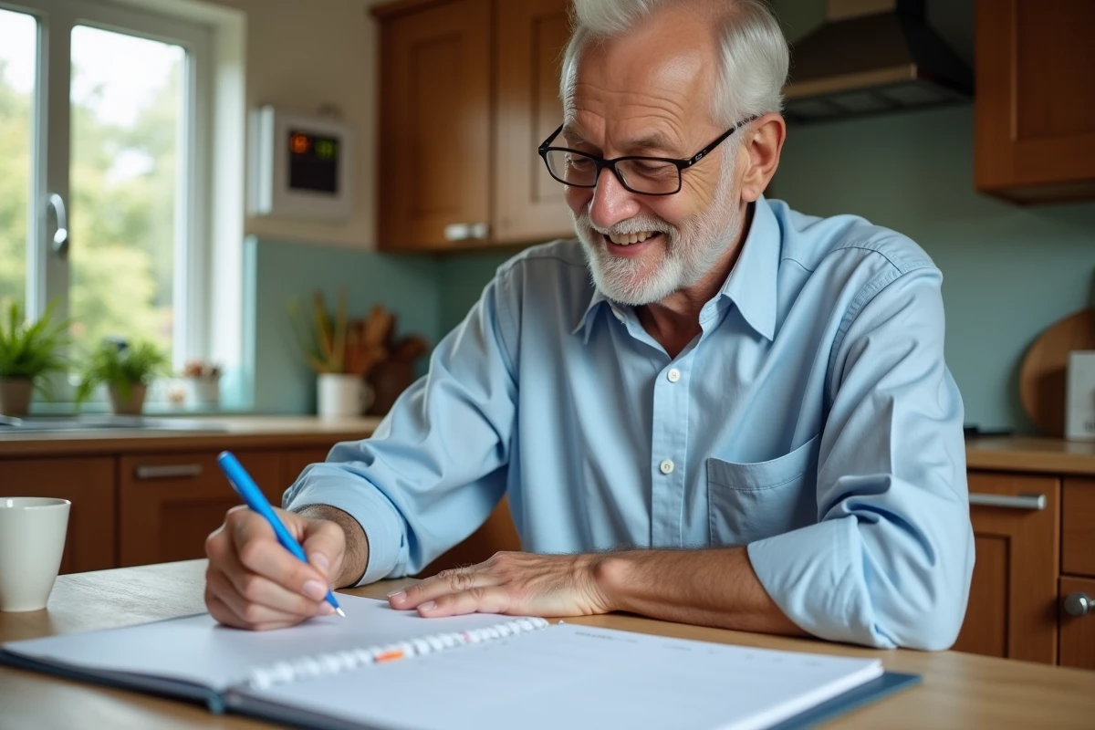 Homme âgé notant les heures dans un planner à la maison