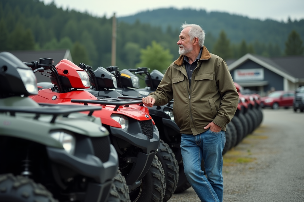 Homme d'âge moyen examinant des quads tout-terrain en concession