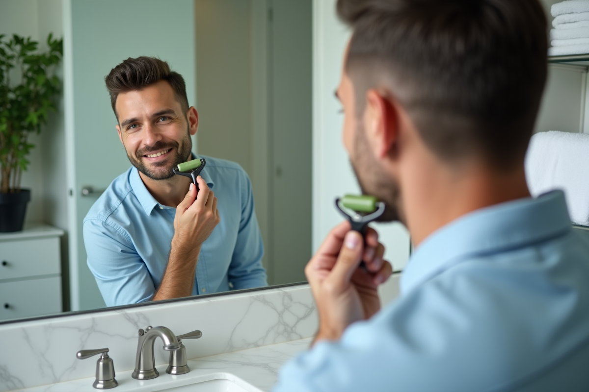 Homme utilisant un rouleau de jade dans sa routine de soin visage